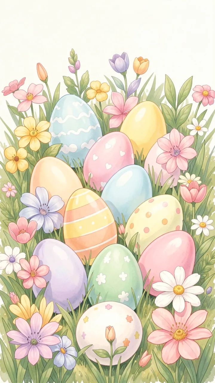 Decorated pastel Easter eggs nestle among colorful spring blooms and green grass on a soft pale background.