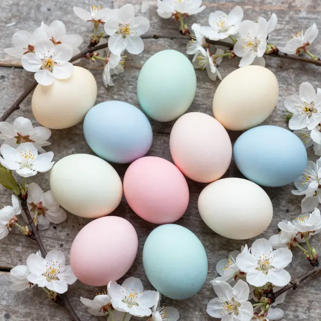 Top view flat lay of pastel Easter eggs arranged with spring cherry blossoms on weathered wooden wood
