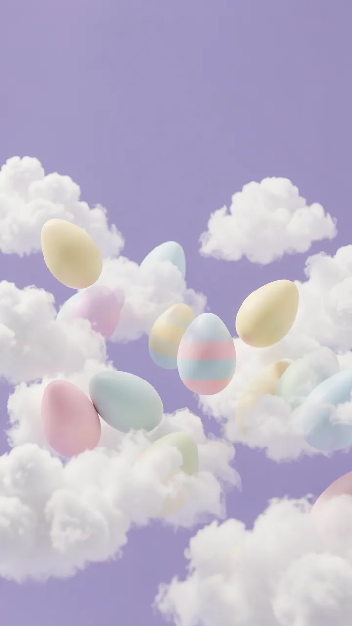 Soft pastel Easter eggs float among fluffy white clouds against a solid lilac background with empty upper space.