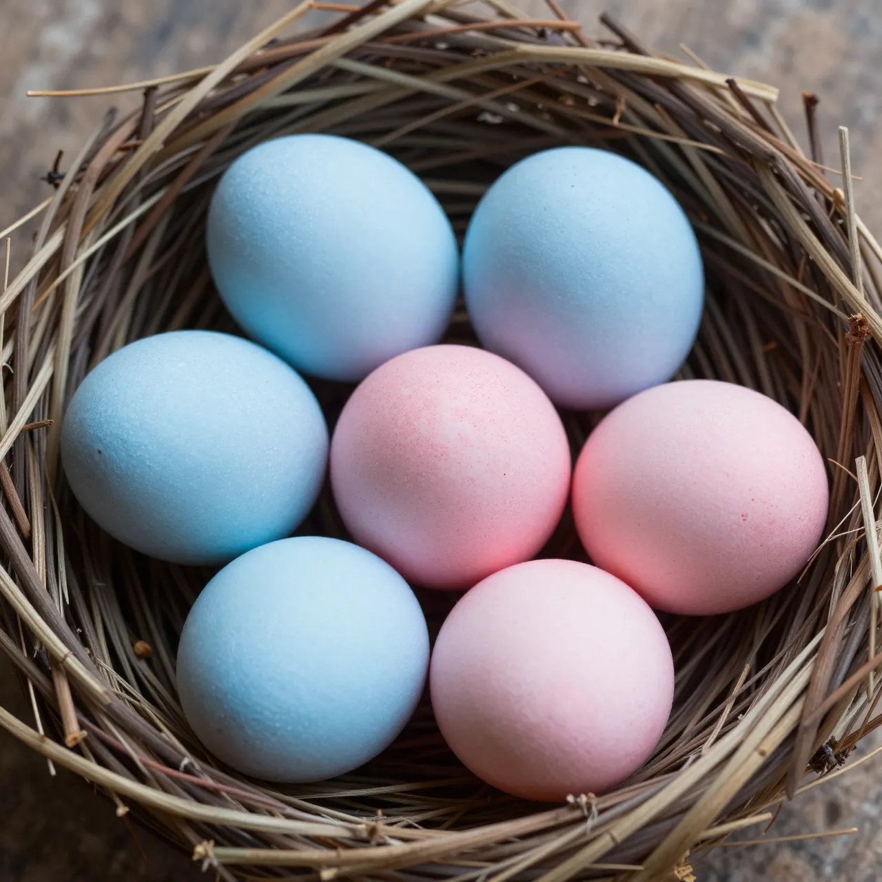 Top view of soft blue and pink speckled eggs arranged inside a woven twig nest