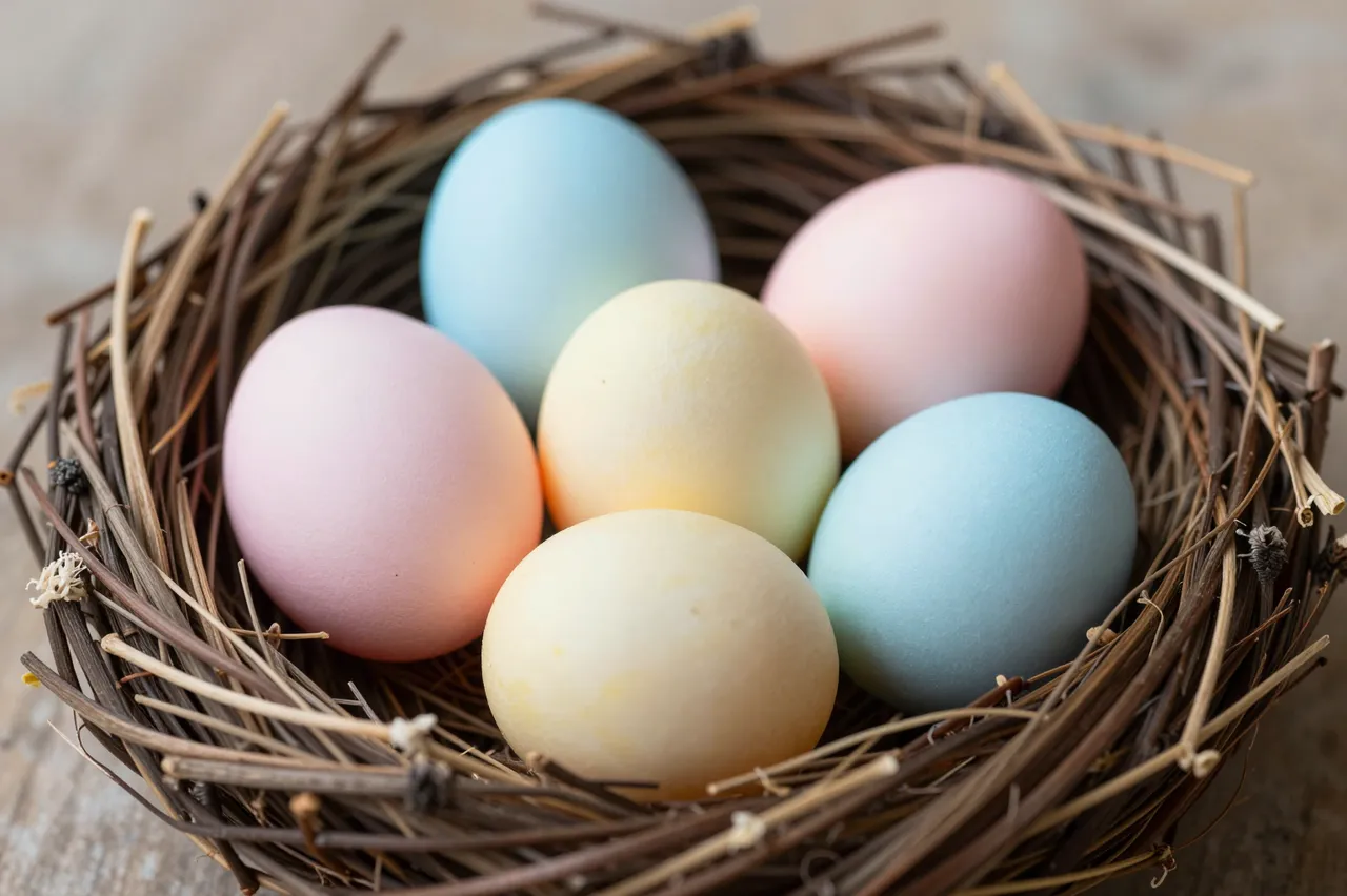 Soft pastel pink, blue and yellow Easter eggs rest inside a twig bird nest.