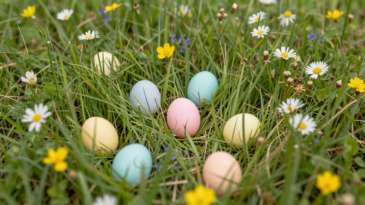 Soft pastel Easter eggs rest hidden among green grass and small wildflowers in a sunlit meadow.