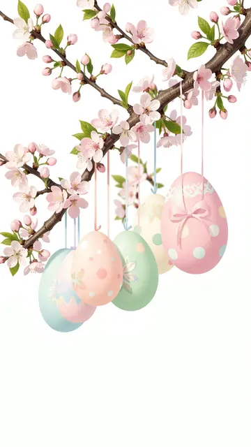 Decorated pastel Easter eggs hang from a spring cherry blossom branch against a plain white background.