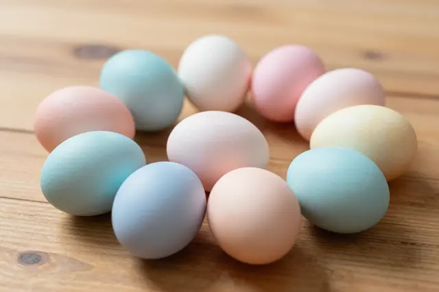 Arrangement of soft pastel painted Easter eggs resting on a light wooden table surface