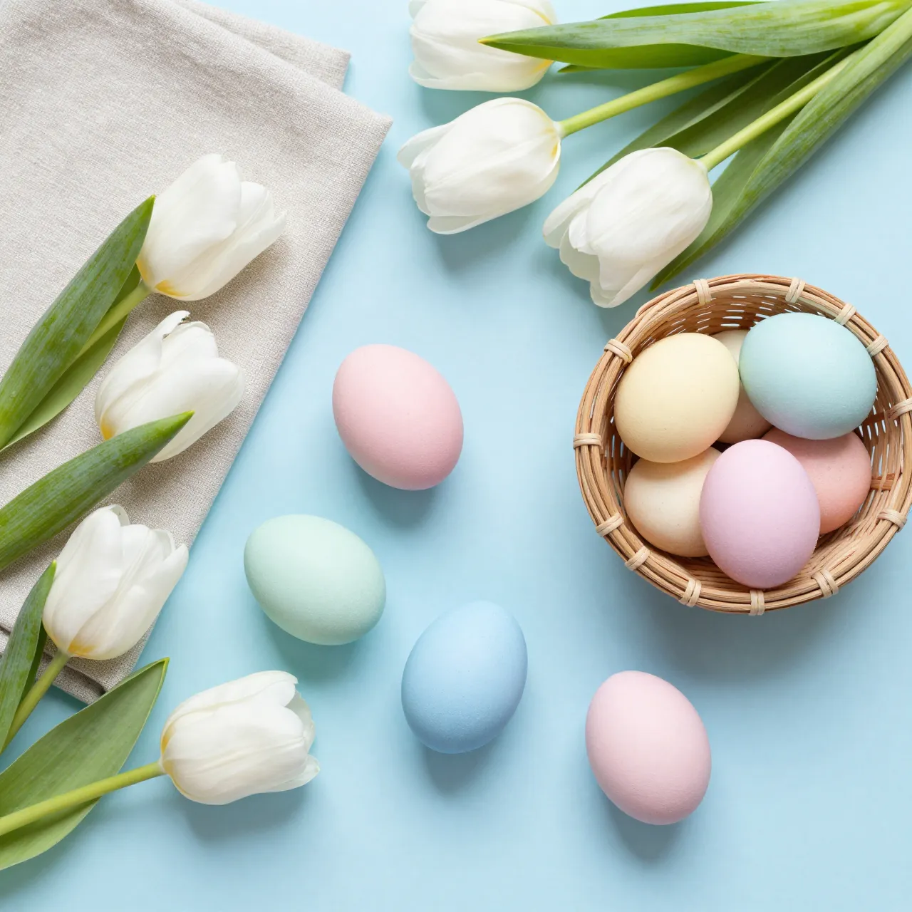 Top-down flat lay of pastel Easter eggs, white tulips, linen napkin and wicker basket on pale blue background