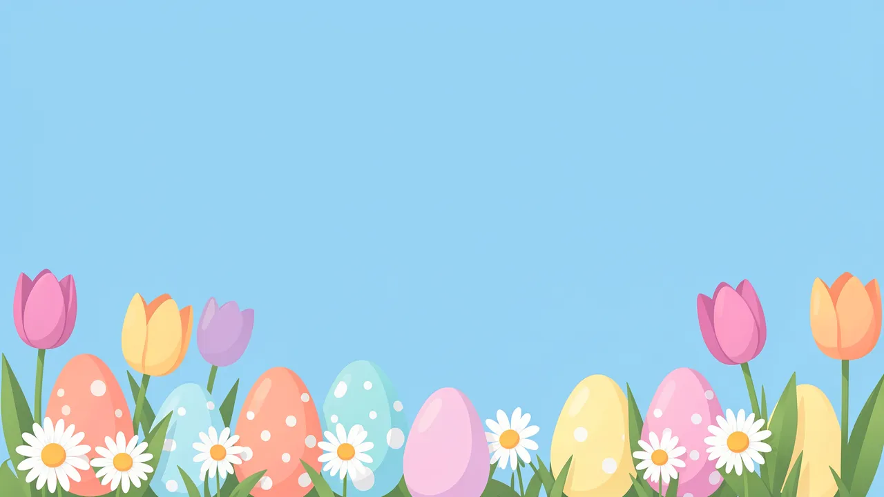 Decorated Easter eggs, tulips and daisies line the bottom edge of a solid light blue background with empty copy space above.