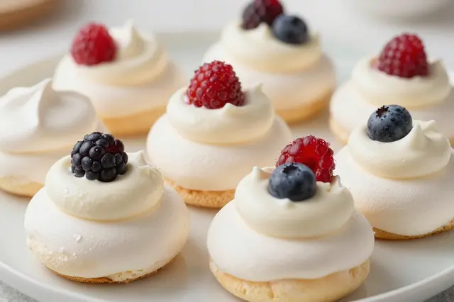 Assorted meringue nests topped with whipped cream and fresh berries sit on a pale ceramic plate