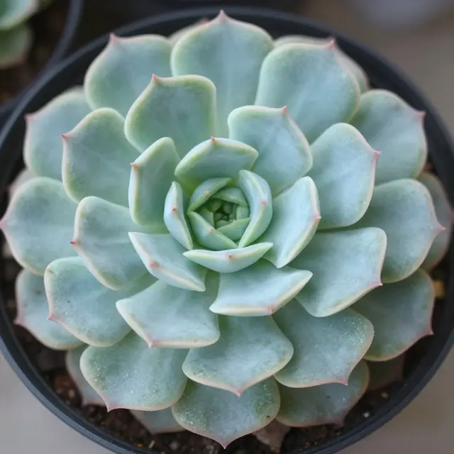 Top view of a pastel blue-green echeveria succulent growing in a small black plastic pot.