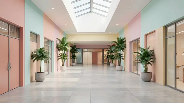 Spacious empty shopping mall corridor with pastel walls, potted palms and a skylight ceiling