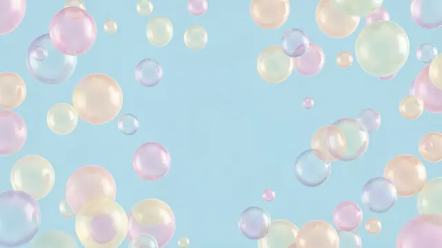 Translucent pastel bubbles float against a soft light blue background with central copy space