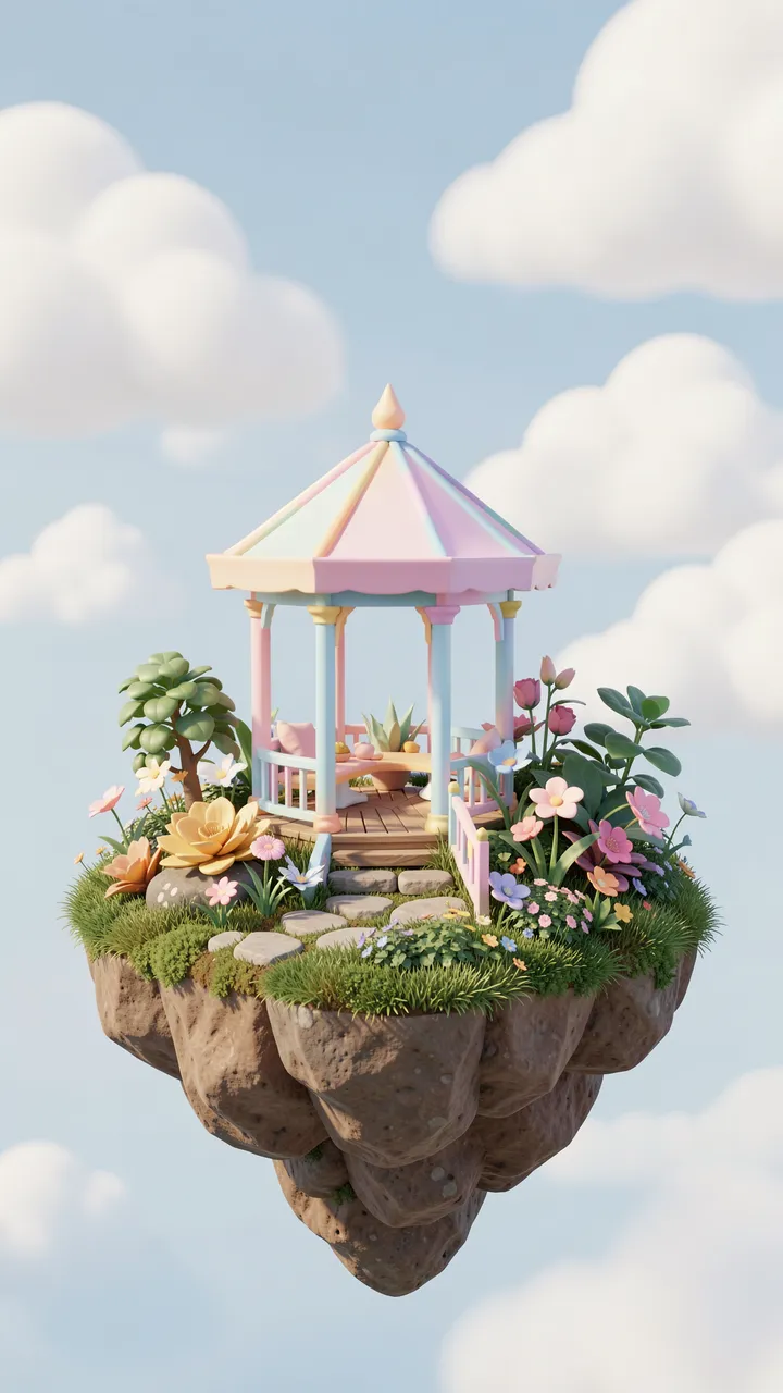 Tiny floating grassy island with a pastel gazebo and flowers floats beneath soft fluffy clouds.
