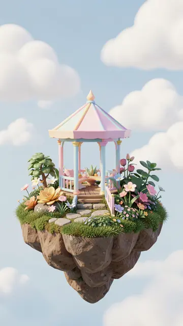 Tiny floating grassy island with a pastel gazebo and flowers floats beneath soft fluffy clouds.