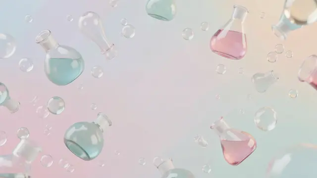 Unmarked glass science flasks and bubbles float around an empty soft pastel gradient center
