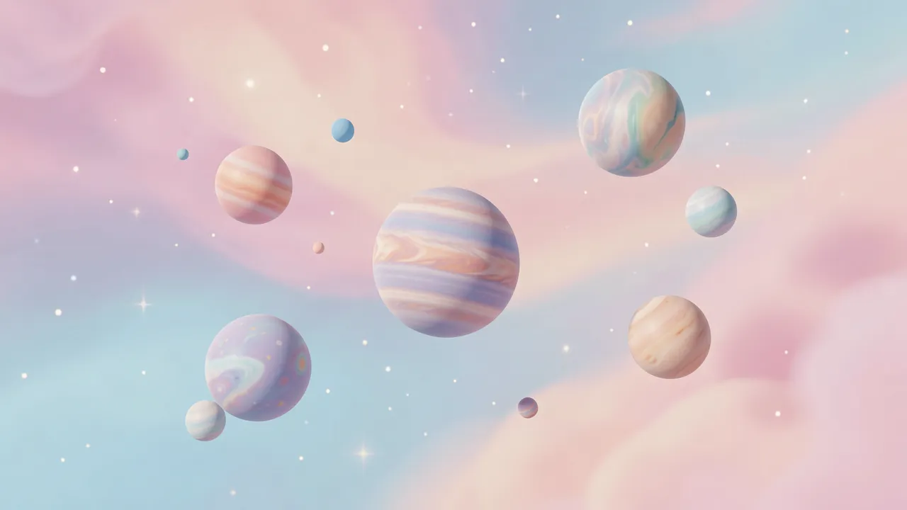 Smooth 3D rendered planets of varying sizes float across a soft pastel starry space background