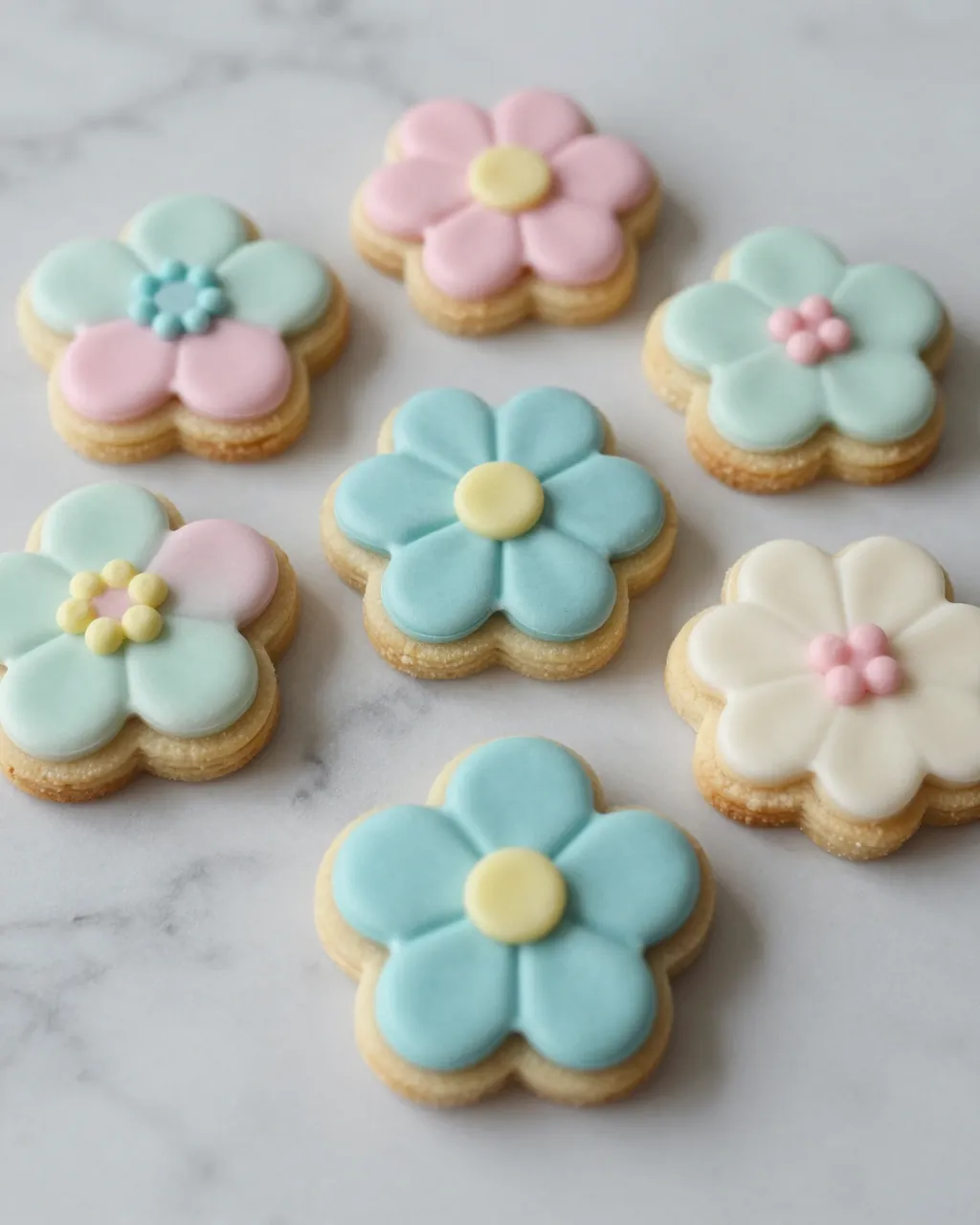 Decorated sugar cookies with pastel flower icing arranged on a light marble countertop
