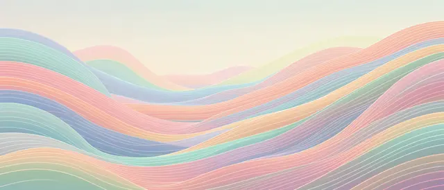 Layered flowing wavy lines form soft undulating pastel hills against a pale gradient sky