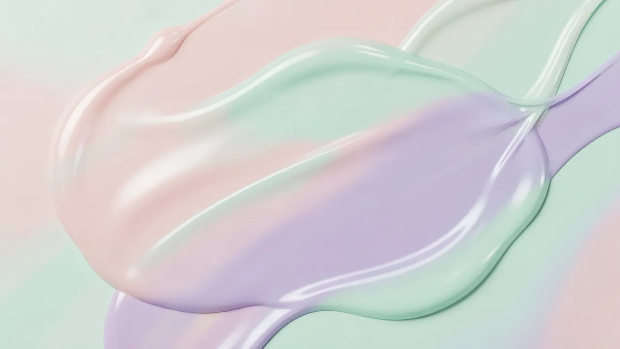 Glossy blended pastel mint, blush pink, and lavender fluid paint swirls with pearly sheen across the frame