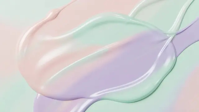 Glossy blended pastel mint, blush pink, and lavender fluid paint swirls with pearly sheen across the frame