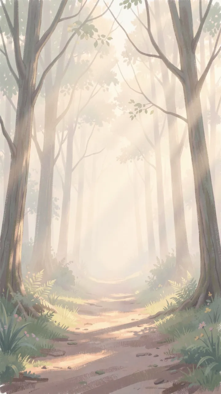Soft pastel drawn forest path wreathed in dawn fog with pale sunbeams filtering through trees