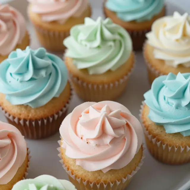 Top down view of assorted cupcakes with swirled pastel pink, blue, green, and white frosting arranged on a light tray.