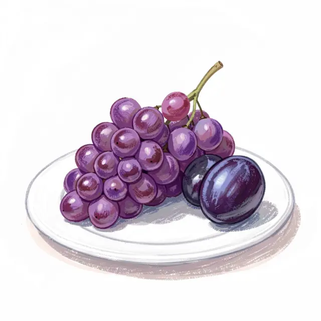A chalk-style illustration of purple grapes and two plums resting on a plain white plate