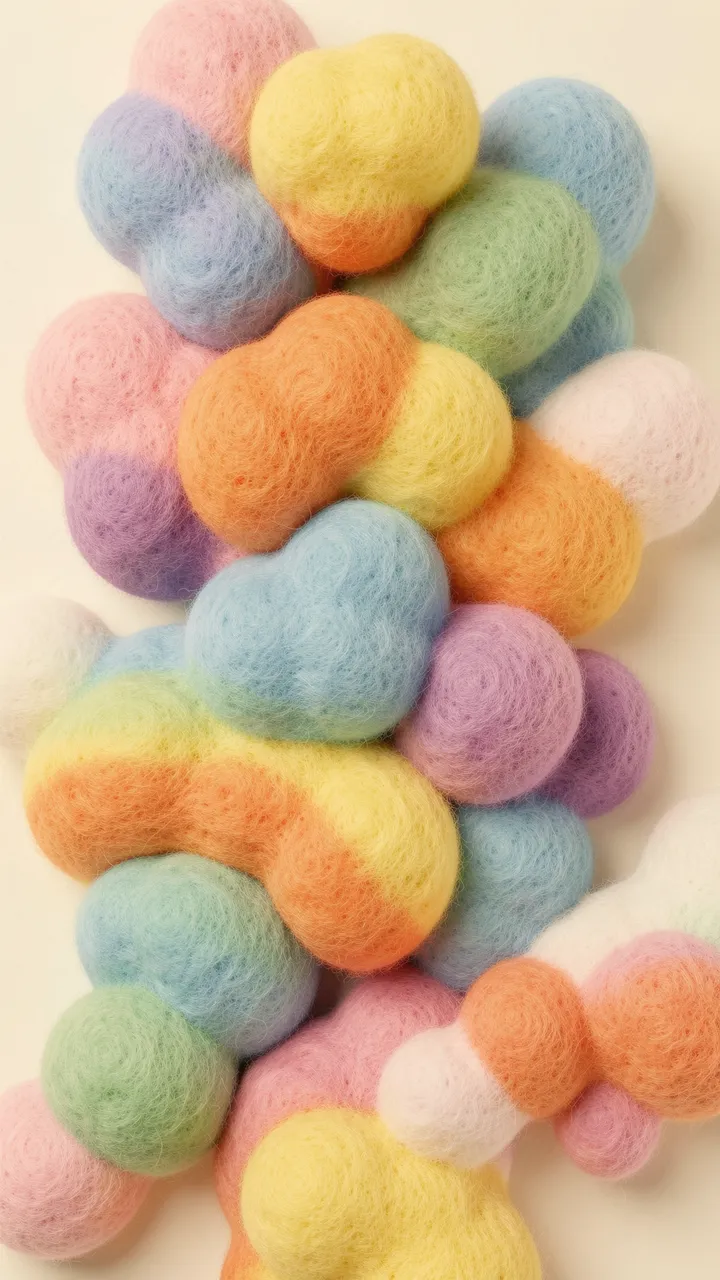 Clustered soft fuzzy felt blobs in rainbow pastel shades rest on a cream background.