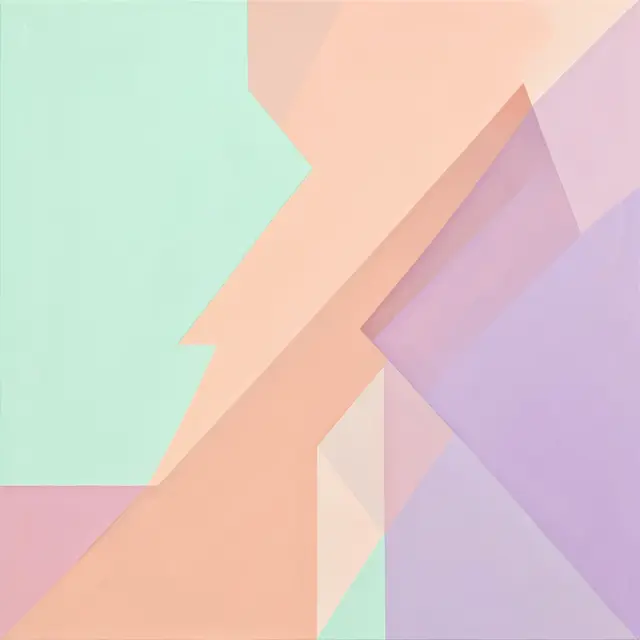 Overlapping soft pastel geometric planes in mint, peach, and lilac form an abstract composition