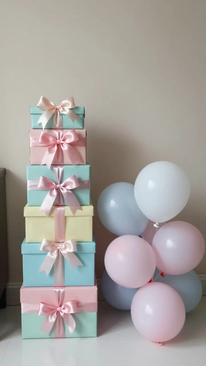 Stack of pastel gift boxes with satin bows sits beside a cluster of soft balloons on a white floor against a plain wall.