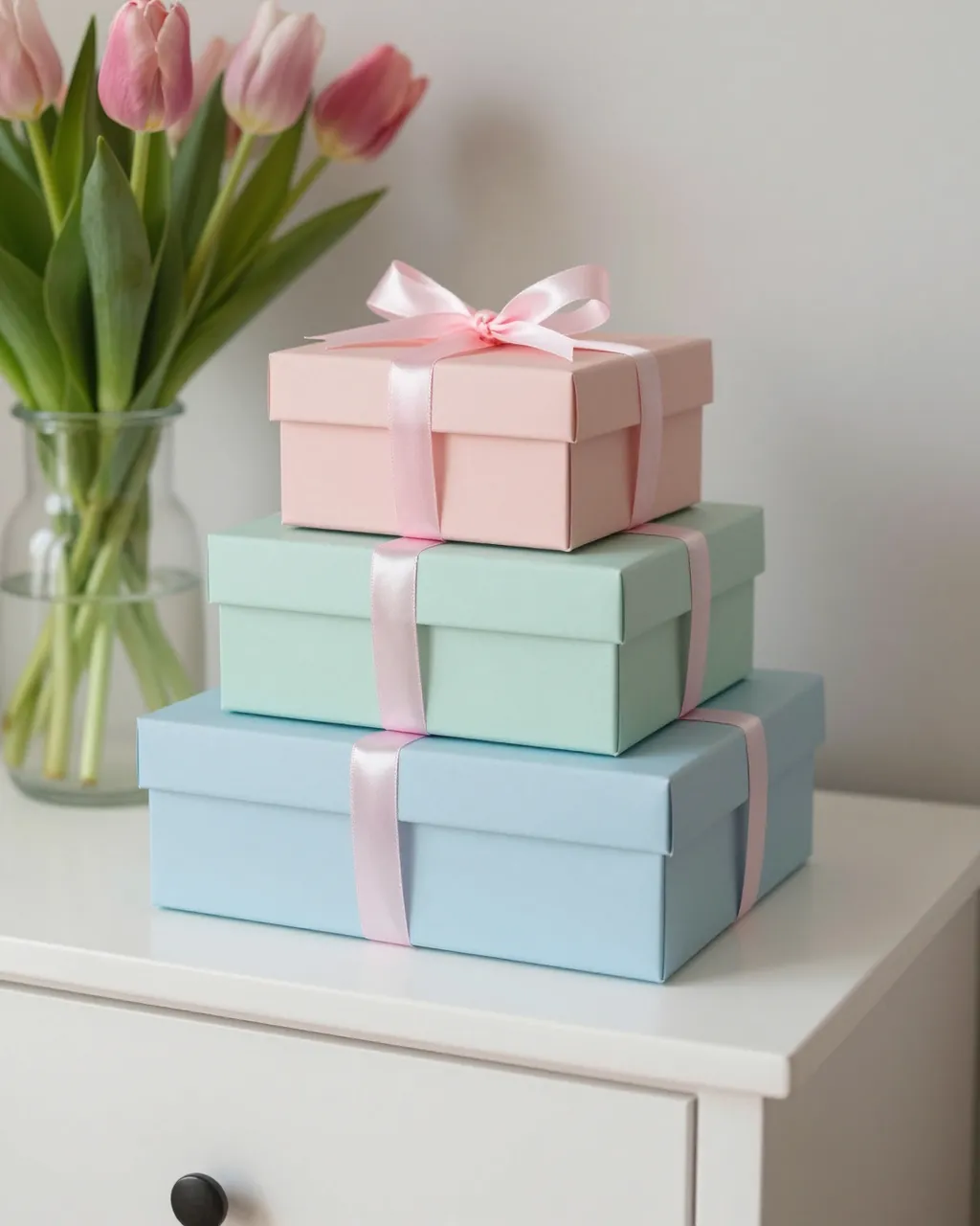 Stacked pastel gift boxes with pink satin ribbons sit next to a vase of pink tulips on a white dresser.