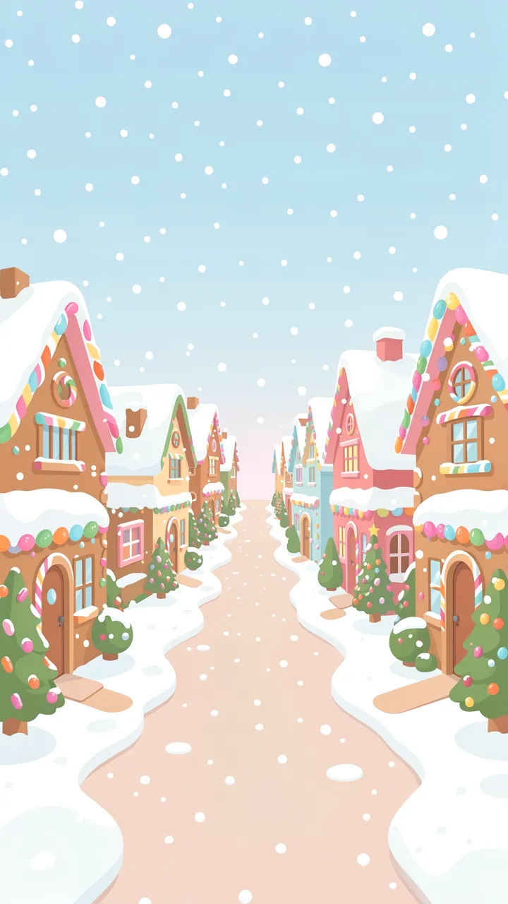 Candy-trimmed gingerbread houses line a snowy street under falling soft pastel snow