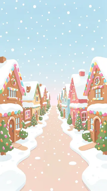 Candy-trimmed gingerbread houses line a snowy street under falling soft pastel snow