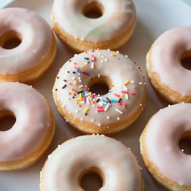 Top-down view of ring donuts with soft pastel glaze, one topped with colorful sprinkles, arranged on a light surface