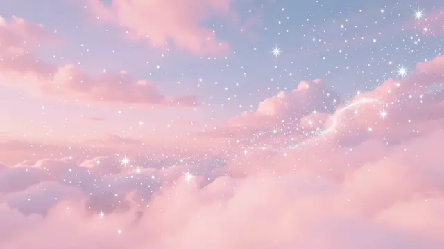Dreamy pastel gradient sky with fluffy pink clouds and scattered glowing silver sparkles