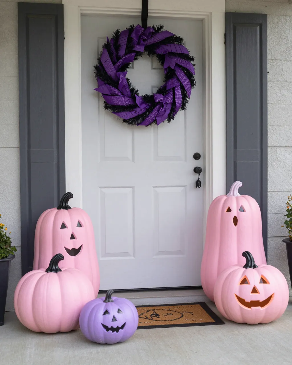 Pastel pink and lilac jack-o'-lanterns flank a front door with a purple Halloween wreath.