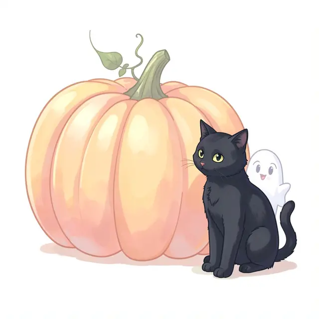 A large pastel pumpkin sits next to a black cat and a small smiling ghost against a plain white background