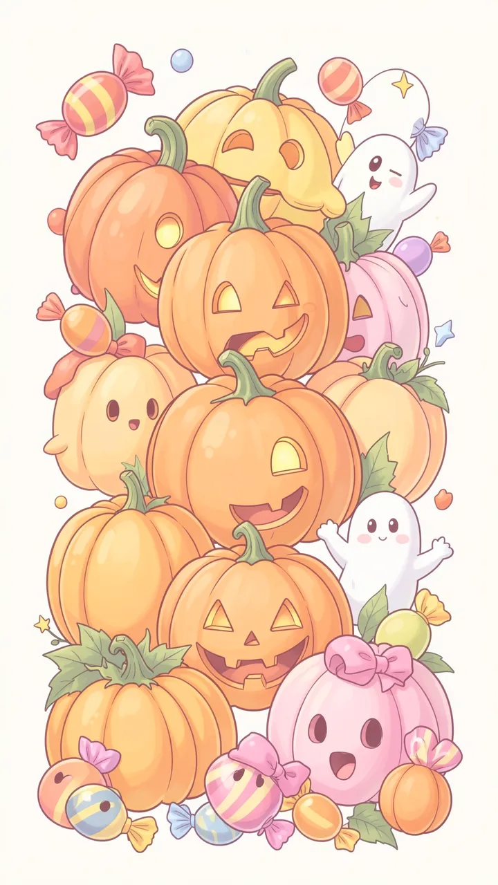 Cute pastel vertical illustration of stacked jack-o'-lanterns, friendly little ghosts and scattered Halloween candies.