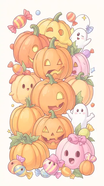 Cute pastel vertical illustration of stacked jack-o'-lanterns, friendly little ghosts and scattered Halloween candies.