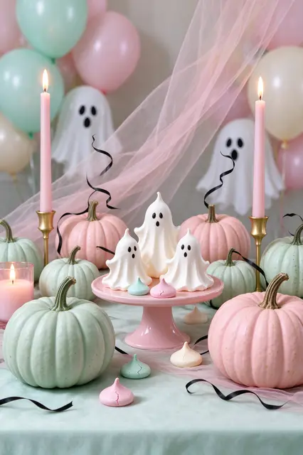 A festive pastel Halloween table arrangement with mint and blush pumpkins, ghost meringues, and pink lit candles.