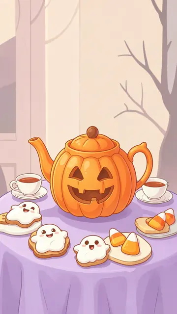 Vertical illustration of a pumpkin teapot, ghost cookies, and candy corn on a lilac tablecloth for Halloween