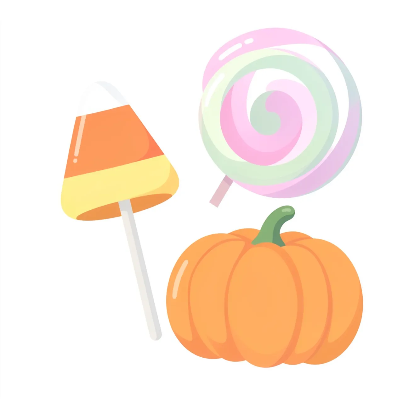 A flat pastel illustration shows a candy corn shaped lollipop, swirled lollipop, and small pumpkin on a plain white