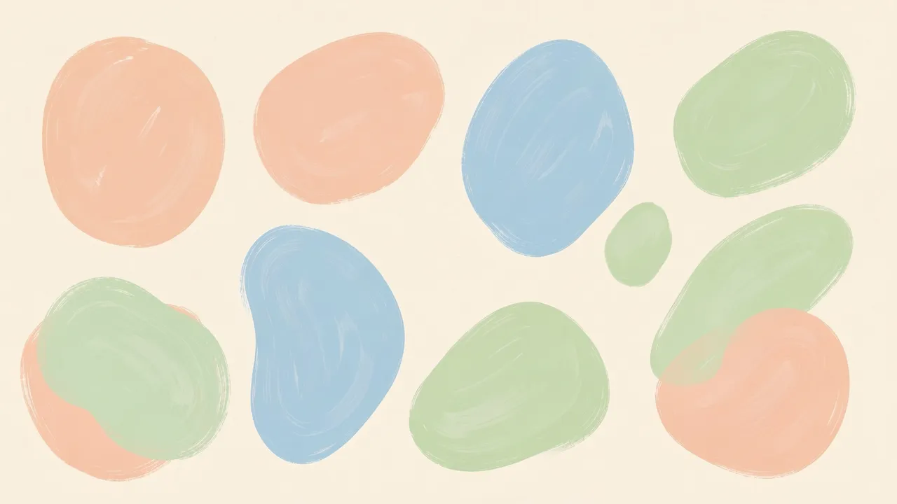 Irregular soft hand-painted peach, sky blue and pistachio rounded blobs on a cream background