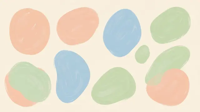Irregular soft hand-painted peach, sky blue and pistachio rounded blobs on a cream background