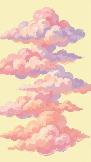Stacked dreamy hand-painted pastel pink, peach, lilac clouds against a pale yellow background