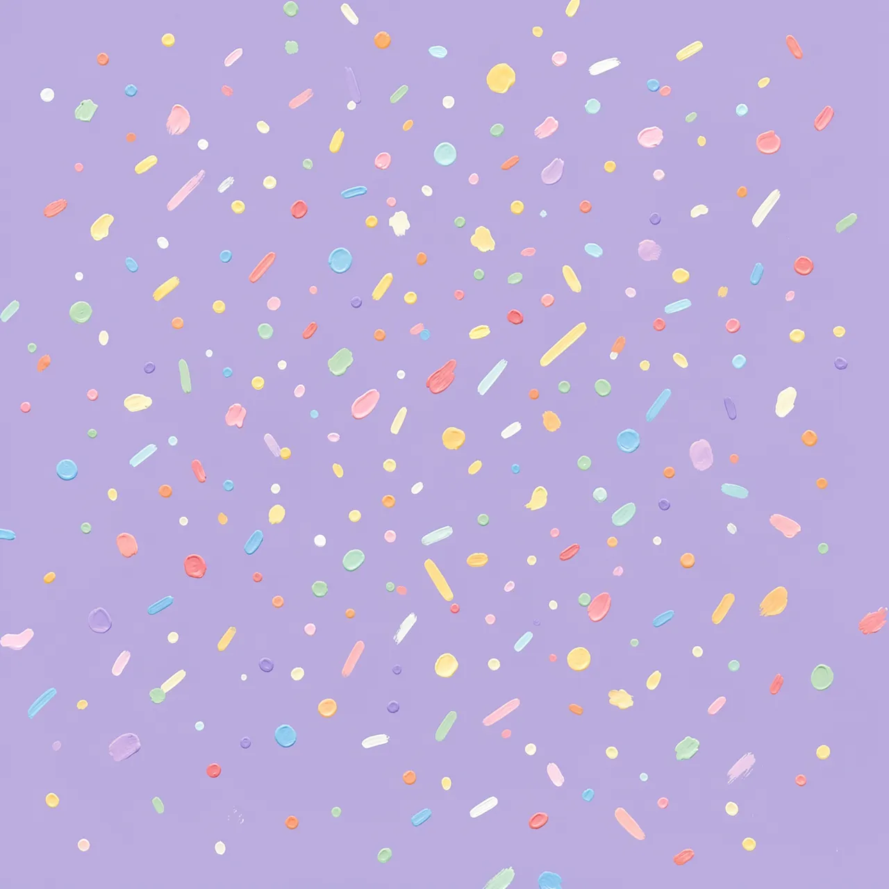 Textured hand-painted pastel confetti dashes and dots scattered across a soft lilac background