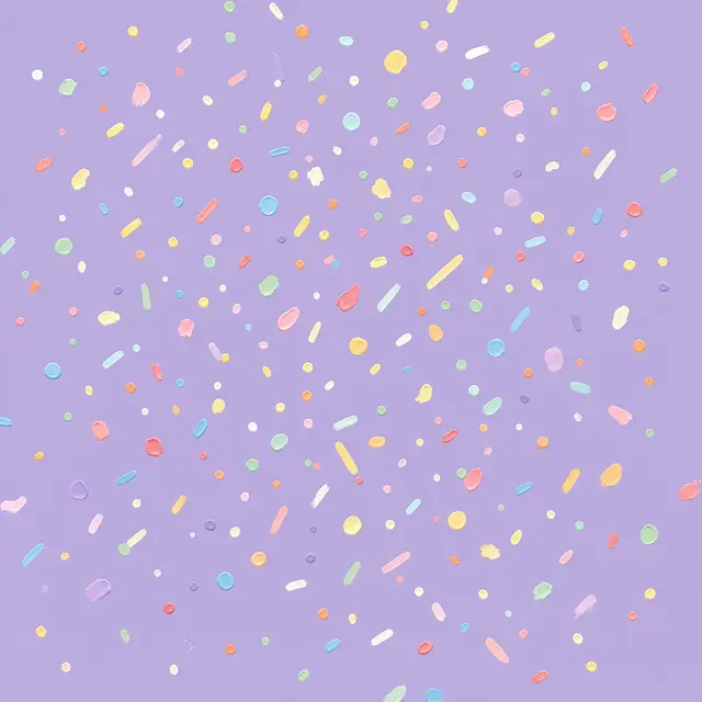 Textured hand-painted pastel confetti dashes and dots scattered across a soft lilac background