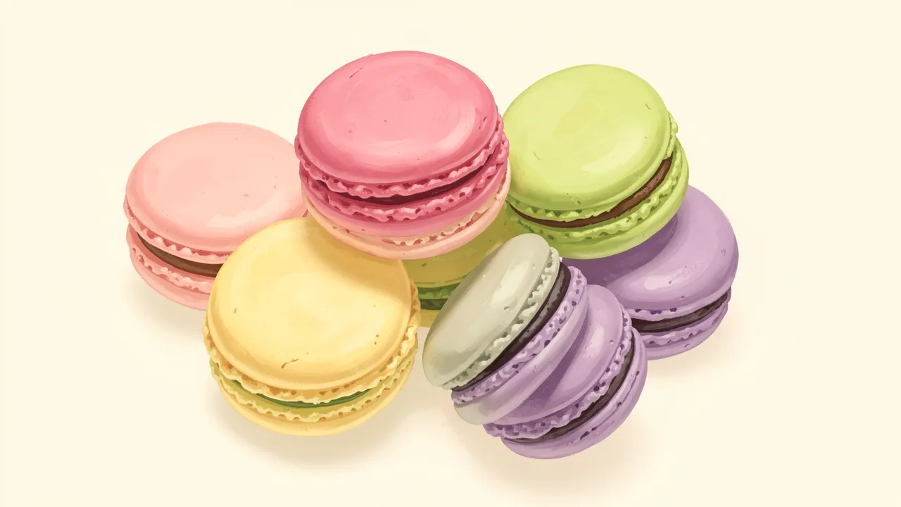 Hand-painted illustration of assorted pastel macarons arranged on a pale cream background
