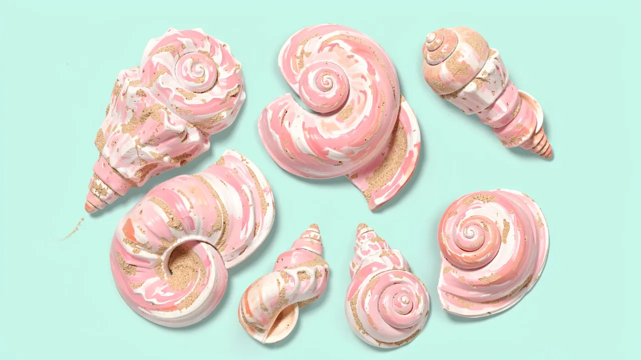 Arrangement of hand-painted spiral seashells in pink and sand tones resting on a pale aqua background