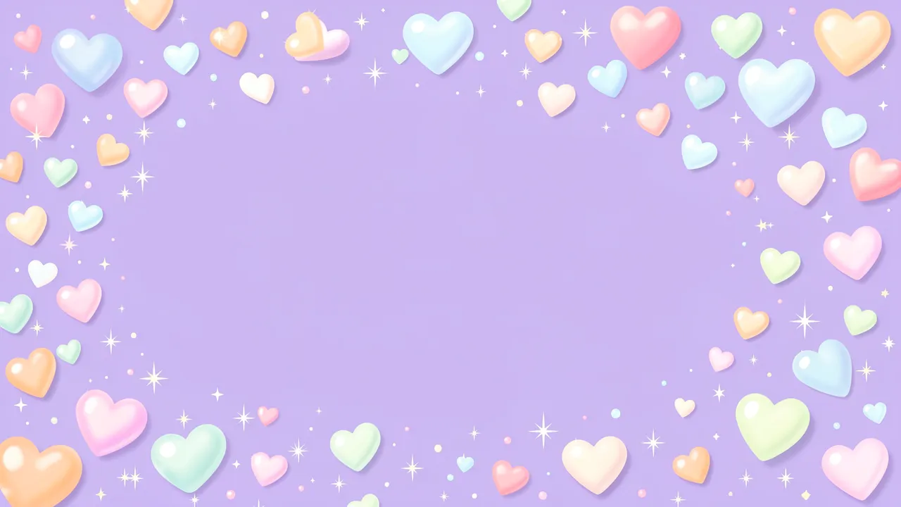 A lilac background with a decorative border of glossy pastel hearts and sparkles around blank central copy space