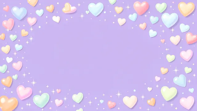 A lilac background with a decorative border of glossy pastel hearts and sparkles around blank central copy space
