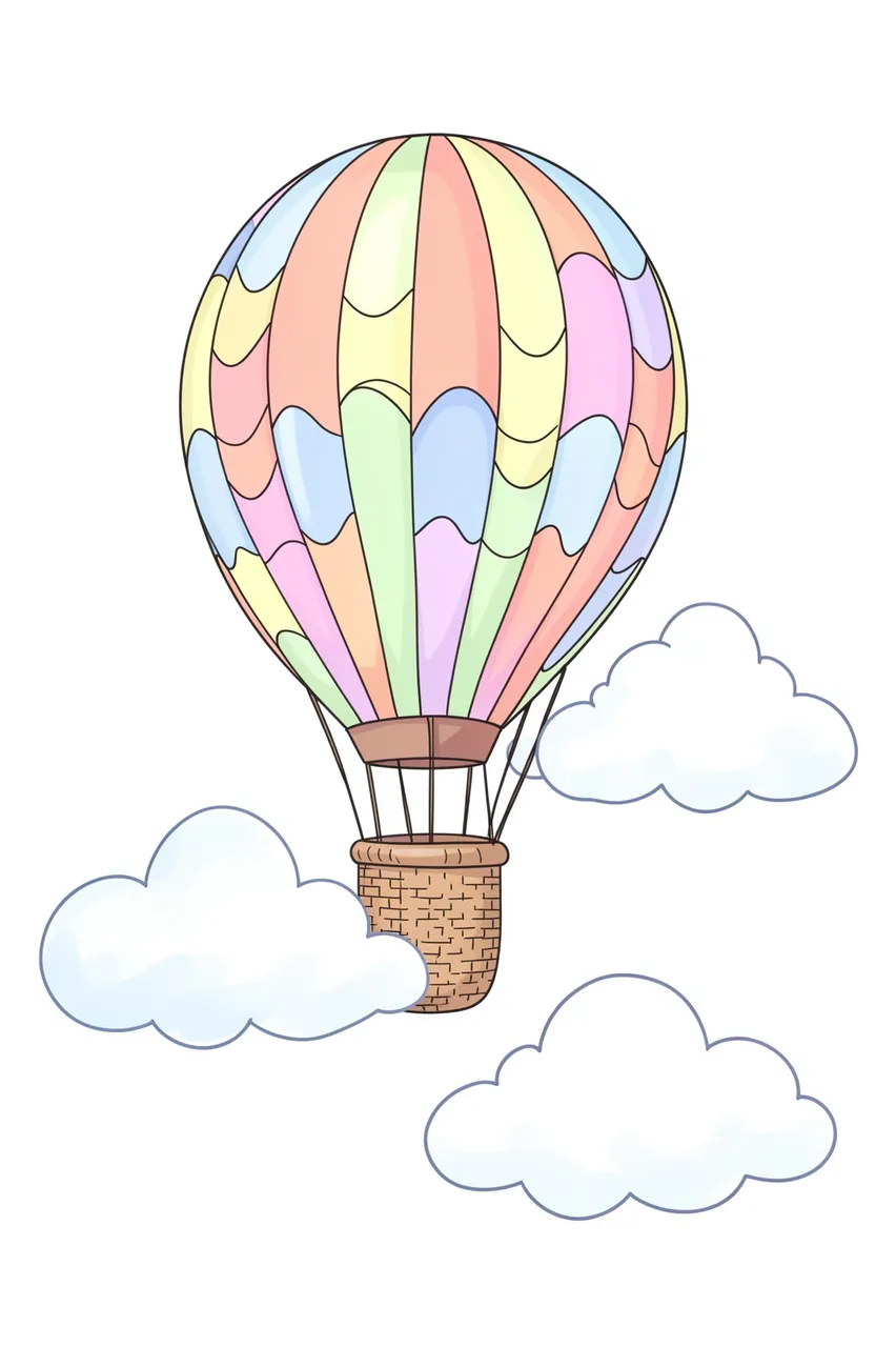 A simple line-art illustration of a pastel scalloped hot air balloon drifting near puffy clouds on a plain white background